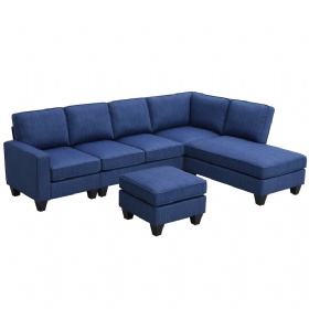 Modern L-shaped Linen Fabric Sectional Sofa 7-seat Linen Fabric Couch Set with Chaise Lounge and Convertible Ottoman