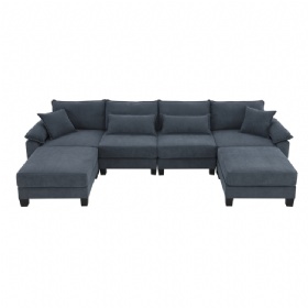 Modern 6 Seat U-shaped Modular Sofa Corduroy Fabric Combination Sofa Couch with Solid Wood Legs and 4 Pillows