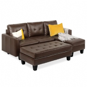 Tufted Faux Leather 3-Seat L-Shape Sectional Sofa Couch Set w/Chaise Lounge, Ottoman Coffee Table Bench