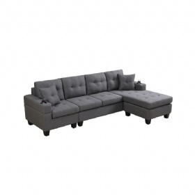 New Modern Sectional Sofa Set L Shape 4 Seat Couch With Cup Holder Left or Right Reversible Chaise